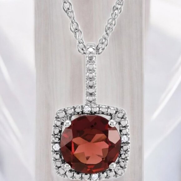 Garnet and Diamond Pendant in 925 Sterling Silver